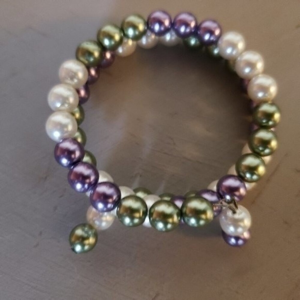 Faux Pearl Purple Green White Memory Wire Bracelet Coquette Soft Girl Classy